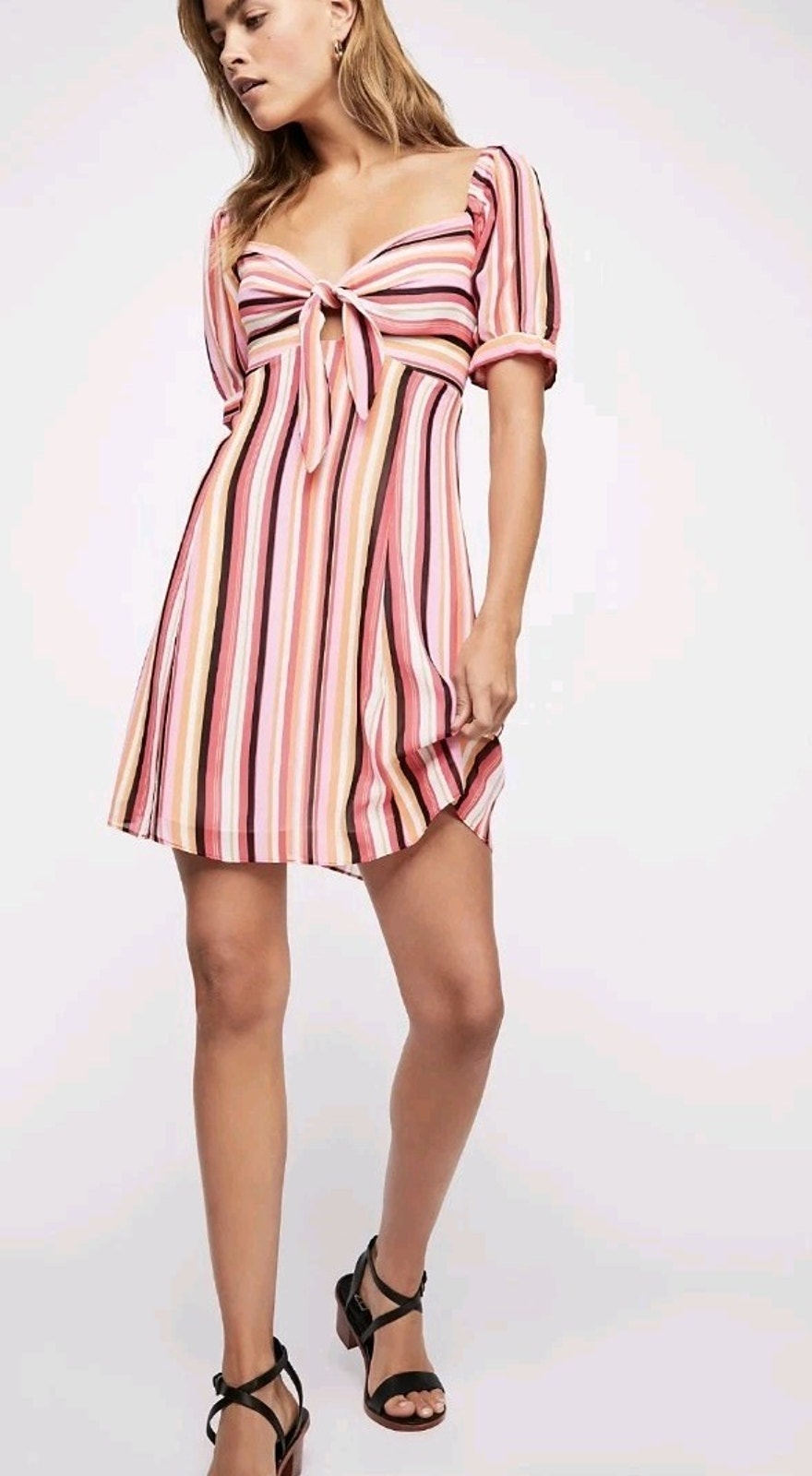 Nwt Free People Bijoux Dress Fit And Flare Front Tie Mini Striped Colorful Large